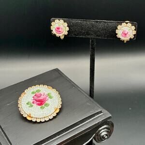 Vintage 1950s Guilloché Enamel Rose Brooch and Earrings Set